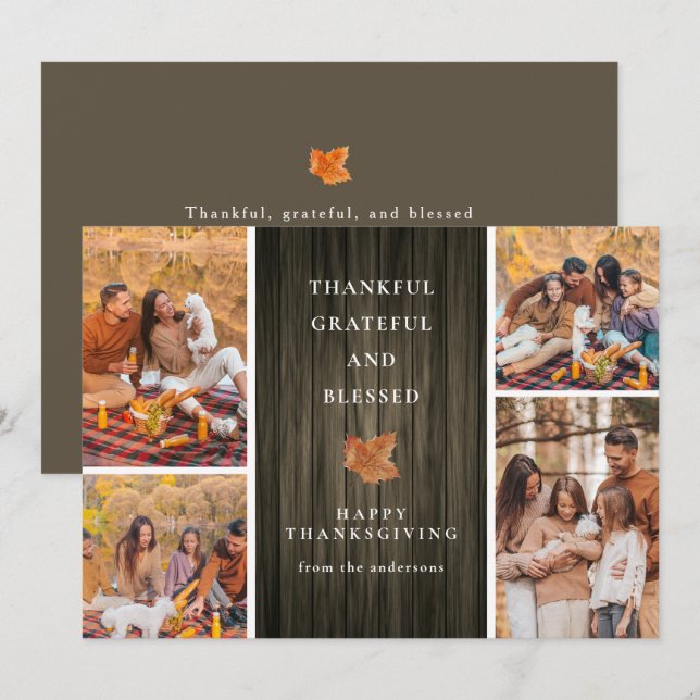 Elegant Modern Happy Thanksgiving Autumn 4 Photo Holiday Card (Front/Back)