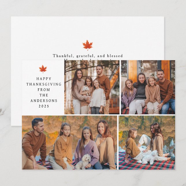 Elegant Modern Happy Thanksgiving Autumn 4 Photo Holiday Card (Front/Back)