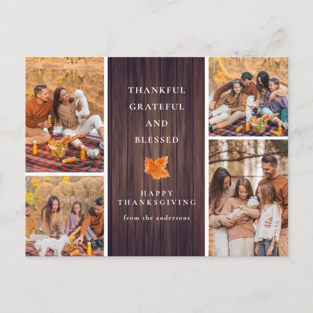 Elegant Modern Happy Thanksgiving Autumn 4 Photo Holiday Postcard (Front)