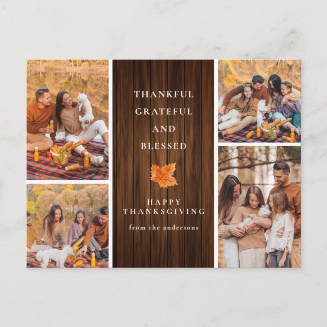 Elegant Modern Happy Thanksgiving Autumn 4 Photo Holiday Postcard (Front)