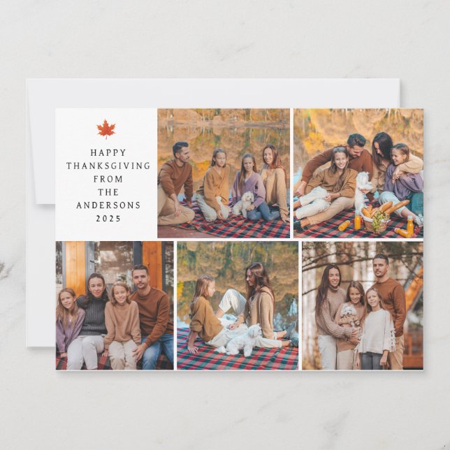 Elegant Modern Happy Thanksgiving Autumn 5 Photo Holiday Card (Front)