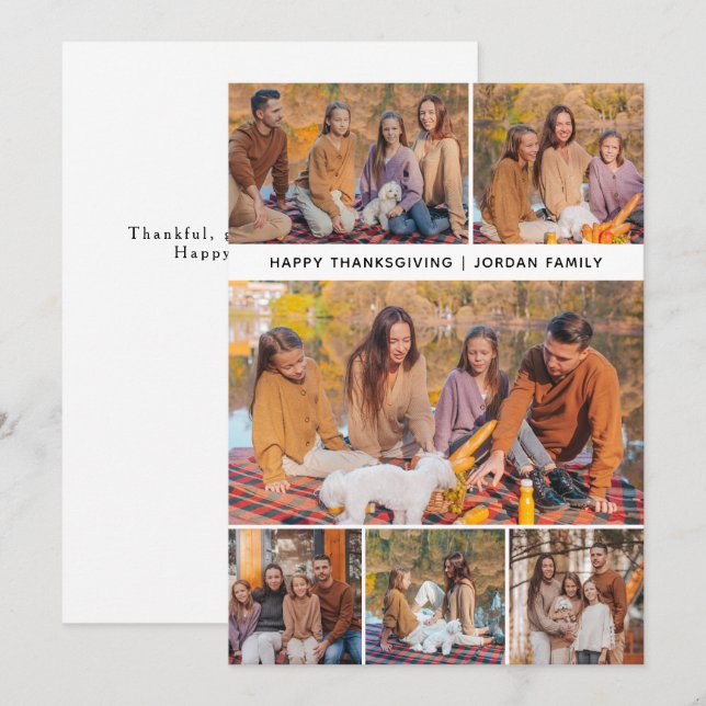 Elegant Modern Happy Thanksgiving Autumn 6 Photo Holiday Card (Front/Back)