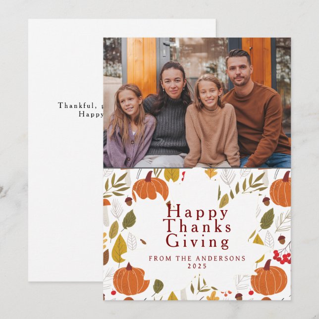 Elegant Modern Happy Thanksgiving Autumn Photo Holiday Card (Front/Back)