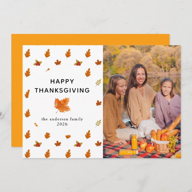 Elegant Modern Happy Thanksgiving Autumn Photo Holiday Card (Front/Back)