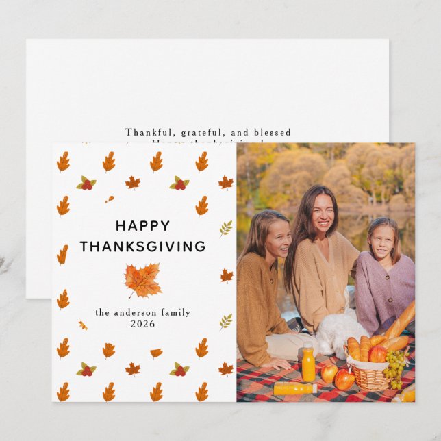 Elegant Modern Happy Thanksgiving Autumn Photo Holiday Card (Front/Back)
