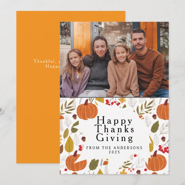 Elegant Modern Happy Thanksgiving Autumn Photo Holiday Card (Front/Back)