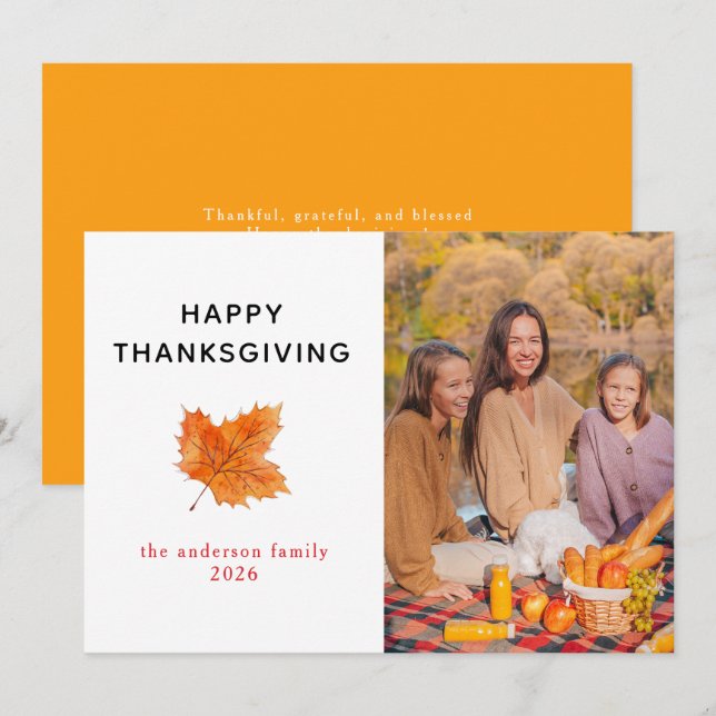 Elegant Modern Happy Thanksgiving Autumn Photo Holiday Card (Front/Back)