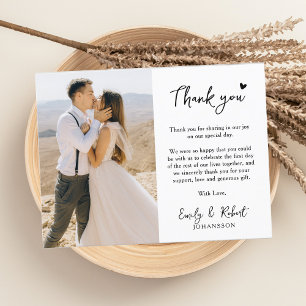 Elegant Modern Heart Script Photo Wedding Thank You Card