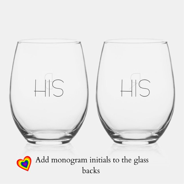 Elegant Modern "His + His" Gay Couple Monogram Stemless Wine Glass (Modern, elegant stemless wine glasses, for the modern, elegant gay couple! Add monogram initials.)