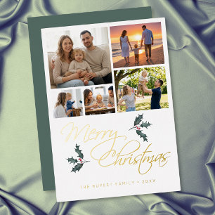 Elegant Modern Holly Photo Collage Christmas Foil Holiday Card