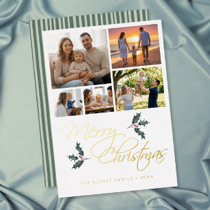 Elegant Modern Holly Photo Collage Christmas Foil Holiday Card