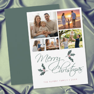 Elegant Modern Holly Photo Collage Christmas Holiday Card