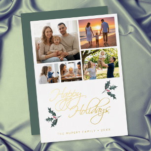 Elegant Modern Holly Photo Collage Happy Holidays Foil Holiday Card