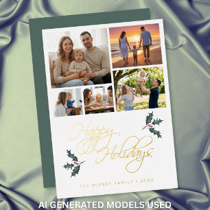 Elegant Modern Holly Photo Collage Happy Holidays Foil Holiday Card