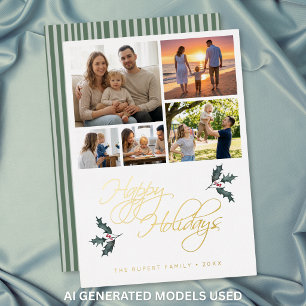 Elegant Modern Holly Photo Collage Happy Holidays Foil Holiday Card