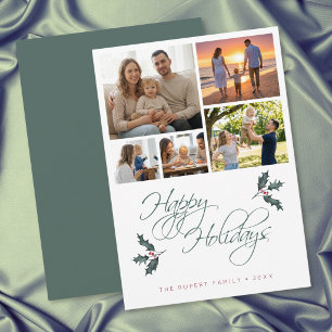Elegant Modern Holly Photo Collage Happy Holidays Holiday Card