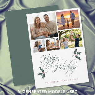 Elegant Modern Holly Photo Collage Happy Holidays Holiday Card