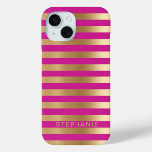 Elegant Modern Hot Pink and Gold Stripe with Name iPhone 15 Case