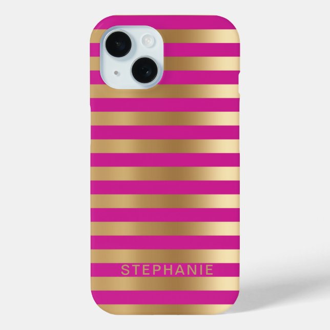 Elegant Modern Hot Pink and Gold Stripe with Name Case-Mate iPhone Case (Back)