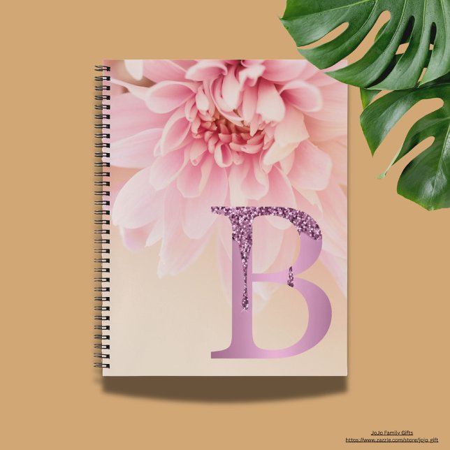 Elegant modern initial B l Glitter and flower Notebook (Modern glitter pink flower notebook for her.)