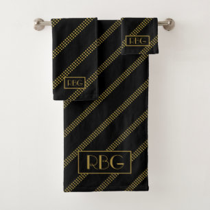 Elegant Modern Initials Black Dotted Gold Lines Bath Towel Set