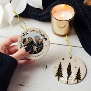 Elegant Modern Joy Photo Evergreen Christmas Tree Ceramic Tree Decoration
