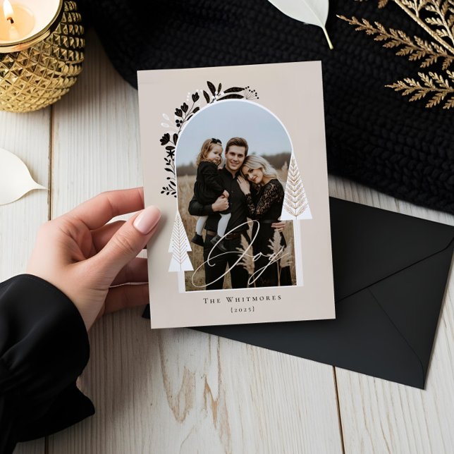  Elegant Modern Joy Photo Evergreen Christmas Tree Holiday Card (Elegant Modern Joy Photo Evergreen Christmas Tree Holiday Card)