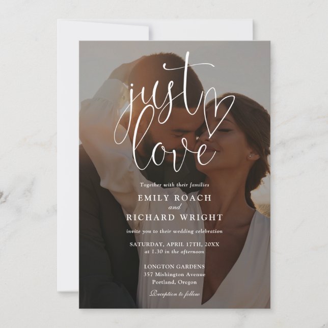 Elegant Modern Just Love Script Photo Wedding Invitation (Front)