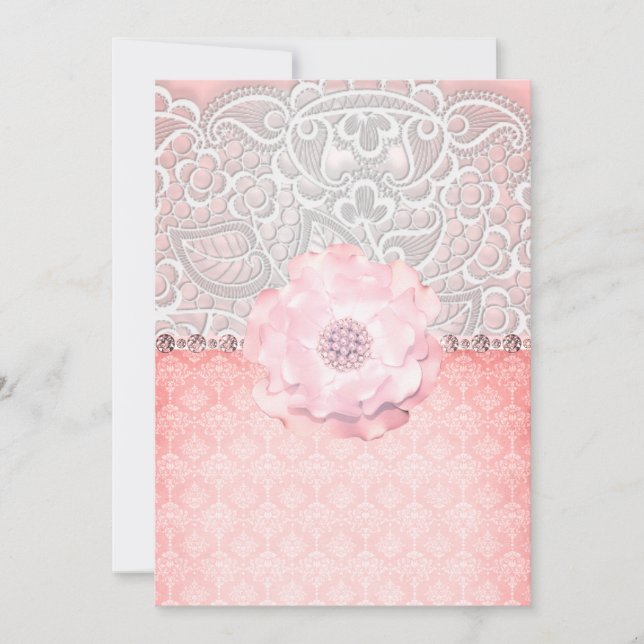 ELEGANT & MODERN LACE DIAMOND PEACH WEDDING INVITATION (Front)