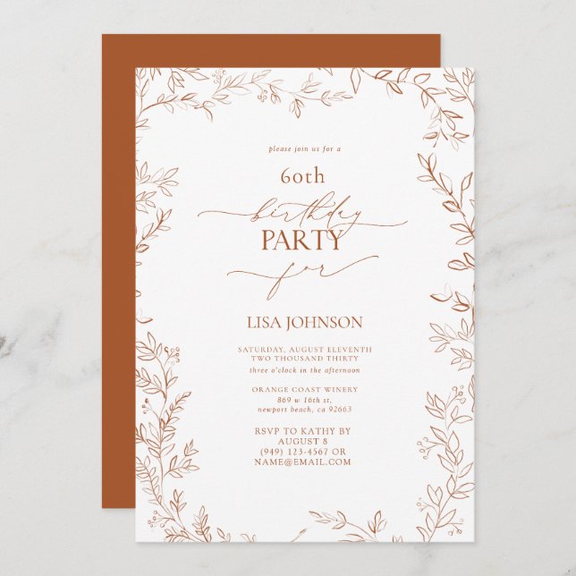 Elegant Modern Leaf Burnt Orange 60th Birthday Invitation (Front/Back)