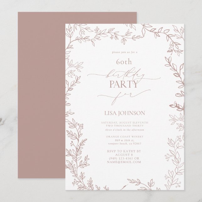 Elegant Modern Leaf Dusty Rose 60th Birthday Invitation (Front/Back)