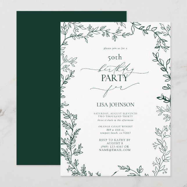 Elegant Modern Leaf Emerald Green 50th Birthday Invitation (Front/Back)