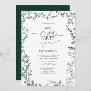 Elegant Modern Leaf Emerald Green 50th Birthday Invitation