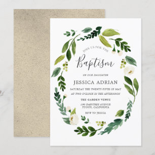 Elegant Modern Leaf Floral Wreath Baptism Invite