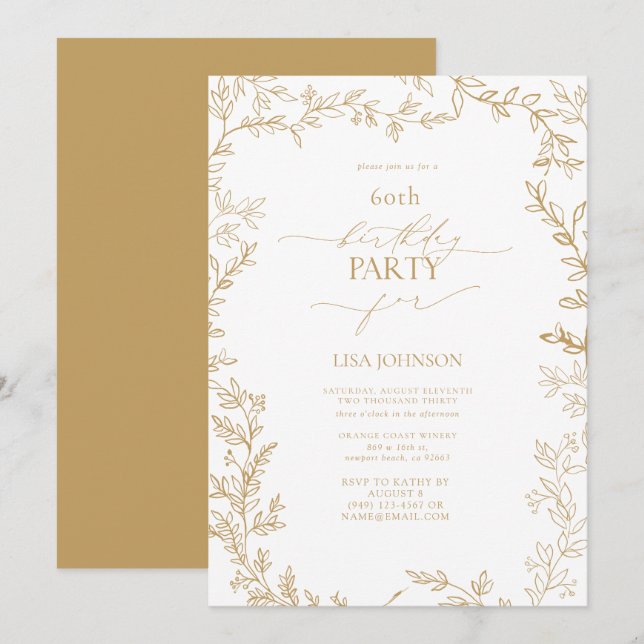 Elegant Modern Leaf Gold 60th Birthday Invitation (Front/Back)