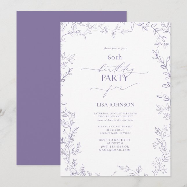 Elegant Modern Leaf Lavender 60th Birthday Invitation (Front/Back)