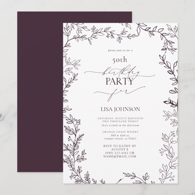 Elegant Modern Leaf Plum Purple 50th Birthday Invitation (Front/Back)