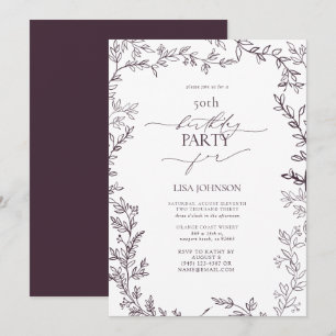 Elegant Modern Leaf Plum Purple 50th Birthday Invitation