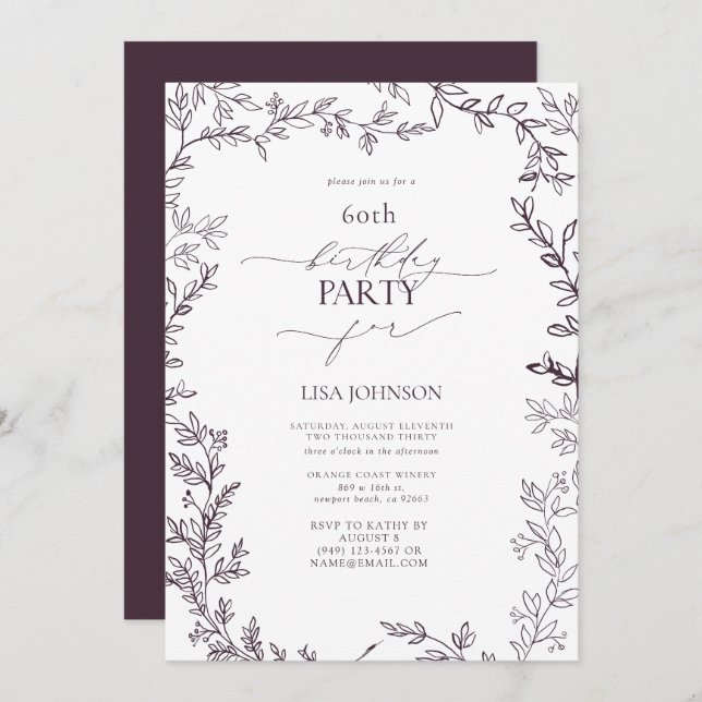 Elegant Modern Leaf Plum Purple 60th Birthday Invitation (Front/Back)