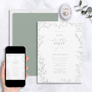 Elegant Modern Leaf Sage Green 60th Birthday Invitation