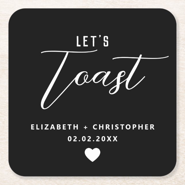 Elegant Modern "Let's Toast" Black White Wedding Square Paper Coaster (Front)
