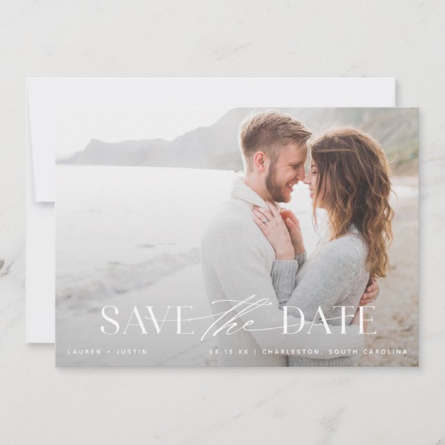 Elegant Modern Light Blue & White Photo Wedding Save The Date (Front)