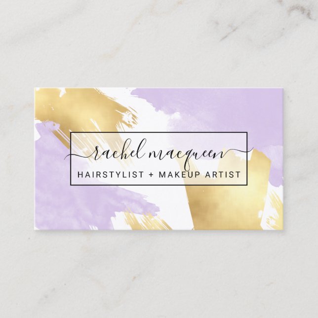 Elegant Modern Lilac Purple Gold Brushstroke Business Card (Front)