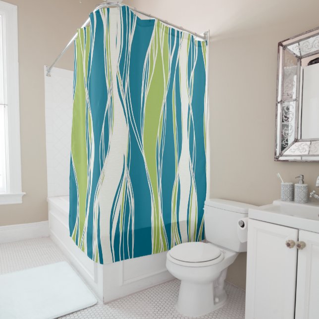 Elegant, modern, lines, pastel teal, green, white shower curtain (In Situ)