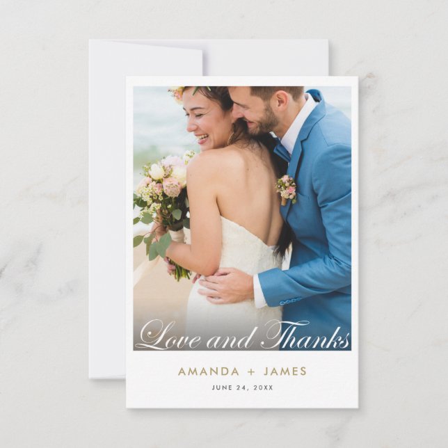 Elegant Modern Love and Thanks Gold Photo Wedding Thank You Card (Front)