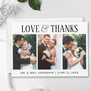 Elegant Modern Love and Thanks Wedding 3 Photo Thank You Card