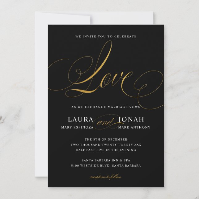 Elegant Modern Love Black Gold Wedding Invitation (Front)