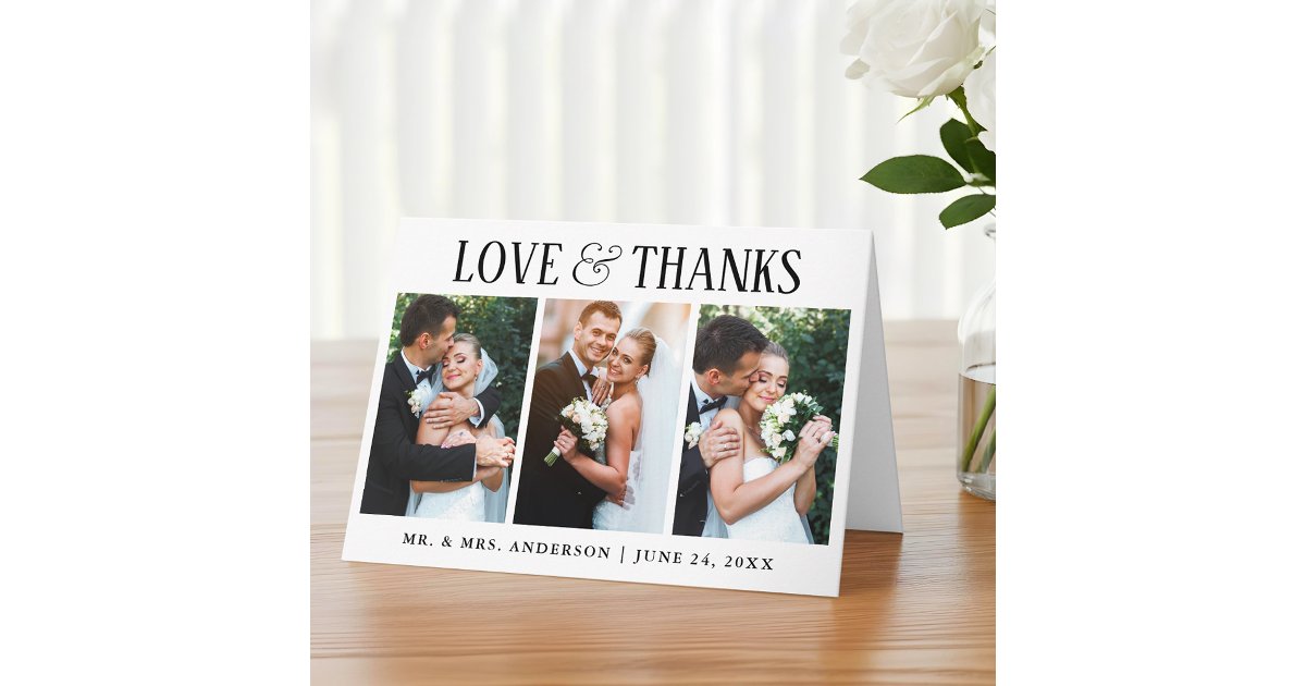 Elegant Modern Love Thanks Wedding 3 Photo Fold Thank You Card | Zazzle