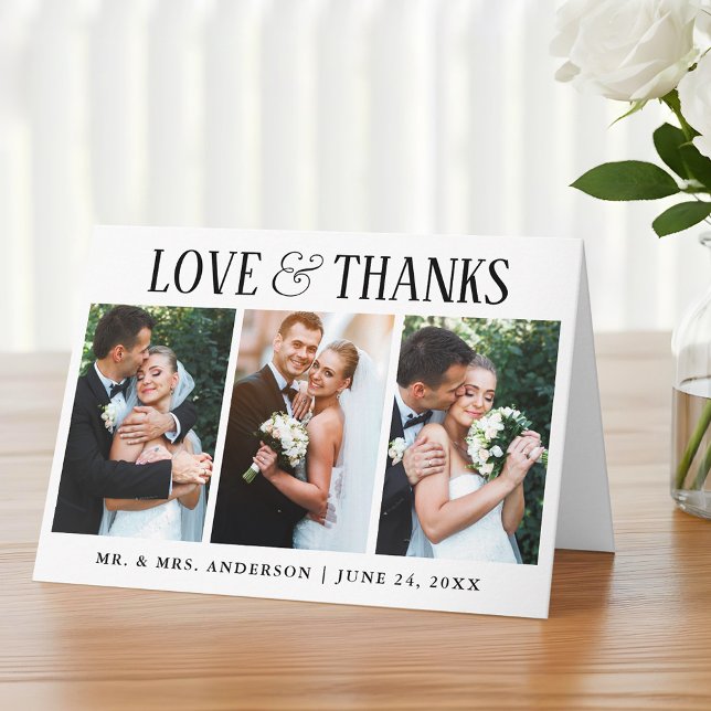 Elegant Modern Love Thanks Wedding 3 Photo Fold Thank You Card (Customize to add text to inside of card.)