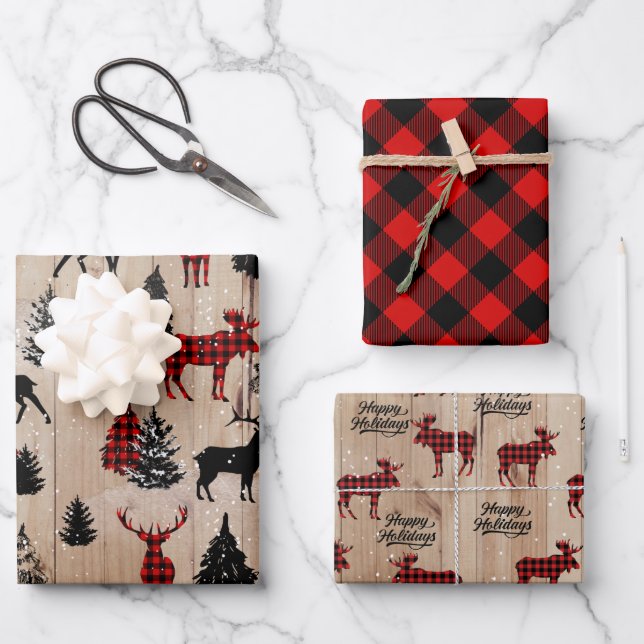 Elegant modern lumberjack moose plaid wrapping paper sheet (Front)